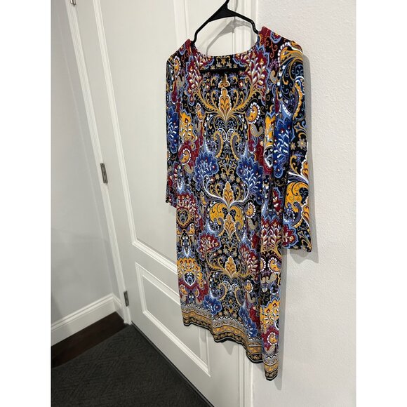 Talbots 3/4 Sleeve Jersey Paisley Shift Dress Multicolor Sz Medium Petite Boho - Picture 5 of 13
